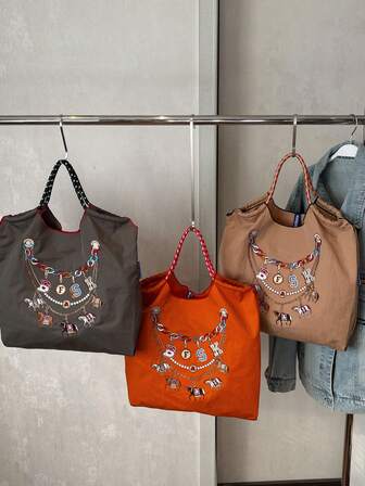 Bolsa de compras japonesa original para debajo del brazo, bordado delicado, bolso de lona impermeable de nailon, bolso de mano y de hombro para mujer, correa desmontable, collar, letra