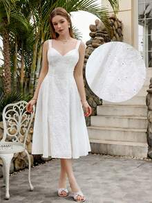 PARTHEA 女士白色刺绣吊带中长连衣裙，喇叭裙摆，可爱优雅，适合各种场合 - 白色 - 查看 4