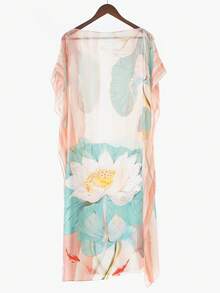 1件女士复古优雅印花仿丝长款卡夫坦罩衫，休闲沙滩防晒披肩和服，夏季连衣裙 - 彩色 - 查看 10