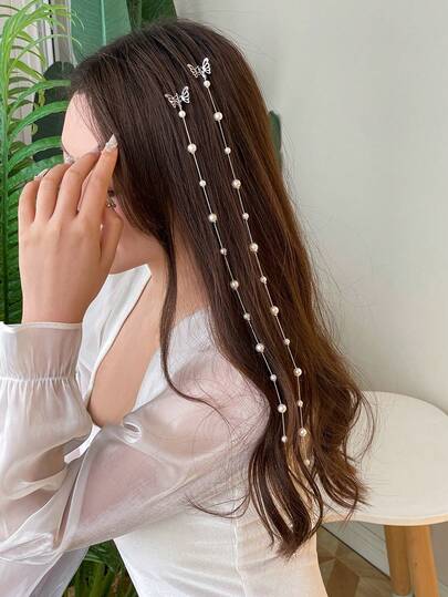 2pcs/Set Faux Pearl Decor Hair Clips, Elegant Hair Chain Headpiece, Suitable For Daily Decoration, Parties, Gatherings And Events, Ideal Gift For Ladies, Mothers, Friends, Girlfriends And Boyfriends. Perfect For Birthday, Wedding, Anniversary, Valentine's Day, Thanksgiving And New Year Surprises. This Item Is Almost Perfect.