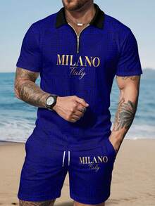 男士字母印花拉链Polo衫和抽绳短裤套装，休闲日常穿搭 - 彩色 - 查看 2