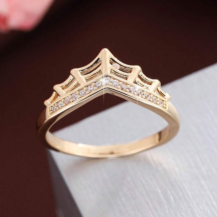 1枚时尚女士戒指，V形皇冠设计，镶嵌立方氧化锆石 - 彩色 - 查看 1