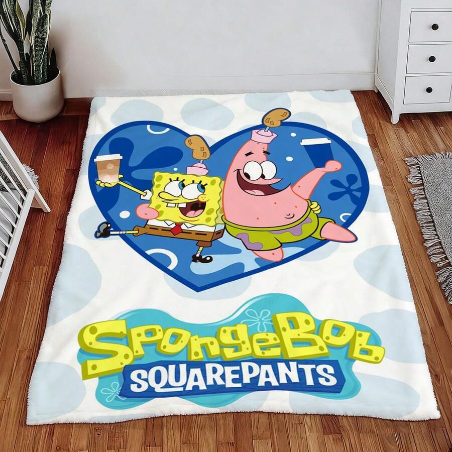 1PC SpongeBob And Patrick Star Theme Blanket,SpongeBob Cartoon Character Blanket,Cartoon Blanket Fluffy,Camping Blanket,Christmas Present Modern Fashion Gift Suitable For Home Bedroom Bed Sofa Office Lunch Break Cover Picnic Blanket - 彩色 - 查看 1
