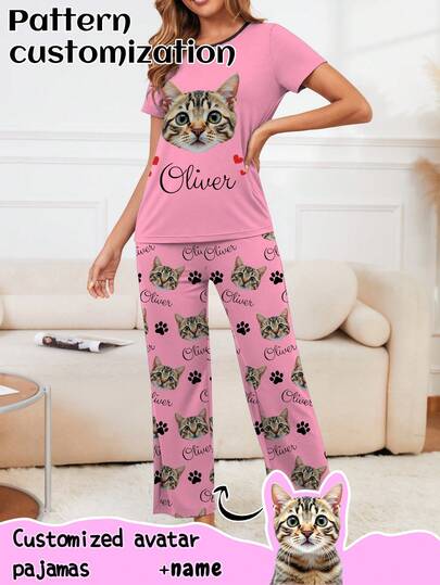 Printstory Customized Women's Short Sleeve Pajama Set, Can Print Any Pattern, Personalized Pajamas With Photos, Comfortable Sleepwear With Customized Funny Images. Suitable For Valentine's Day, Birthday, Gifts, Personalized, Colorful, Cute, Witty, Unique, Ideal Girlfriend Gift, Suitable For Girlfriend, Family, Friends, Elders, Fashionable For Autumn, Party Occasions