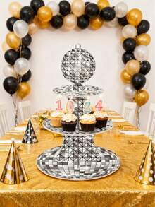 1set Disco-Themed Cupcake Stand, Cupcake Display Stand, Three-Tier Dessert Display Stand. Suitable For Disco-Themed Birthday Parties, Birthday Parties, Retro Parties, Baby Showers, Bachelor/Bachelorette Parties, Holiday Table DIY Cake Decorating, Bridal Dessert Tables, Or 70s New Year's Eve Snack Displays. - Multicolor - View 2