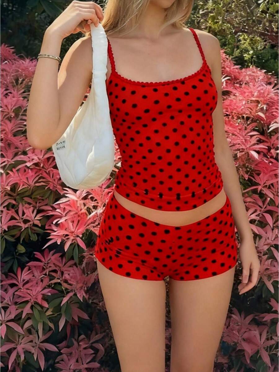 Women's Y2k Polka Dots Print Lounge 2 Piece Set Sleeveless Slim Fit Spaghetti Strap Tank Top And Low Waist Mini Shorts Comfy Sleepwear Sets - 紅色 - 查看 1