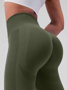 1pc Women's High Waist Skinny Leggings, THE GYM PEOPLE High Waist Padded Yoga Pants With Pockets, Tummy Control Shapewear, 4-Way Stretch, Suitable For Workout And Running - Green - View 5