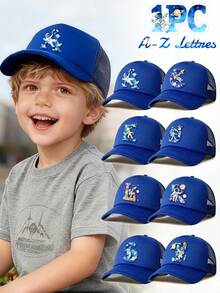 1顶儿童蓝色太空星球宇航员字母图案卡车司机帽，26个字母可定制，时尚可爱科幻风，轻便透气遮阳网眼棒球帽，生日节日实用礼物，适合男孩女孩春夏季户外日常、参观科学博物馆、上下学通勤等场合。 - 藍色 - 查看 1