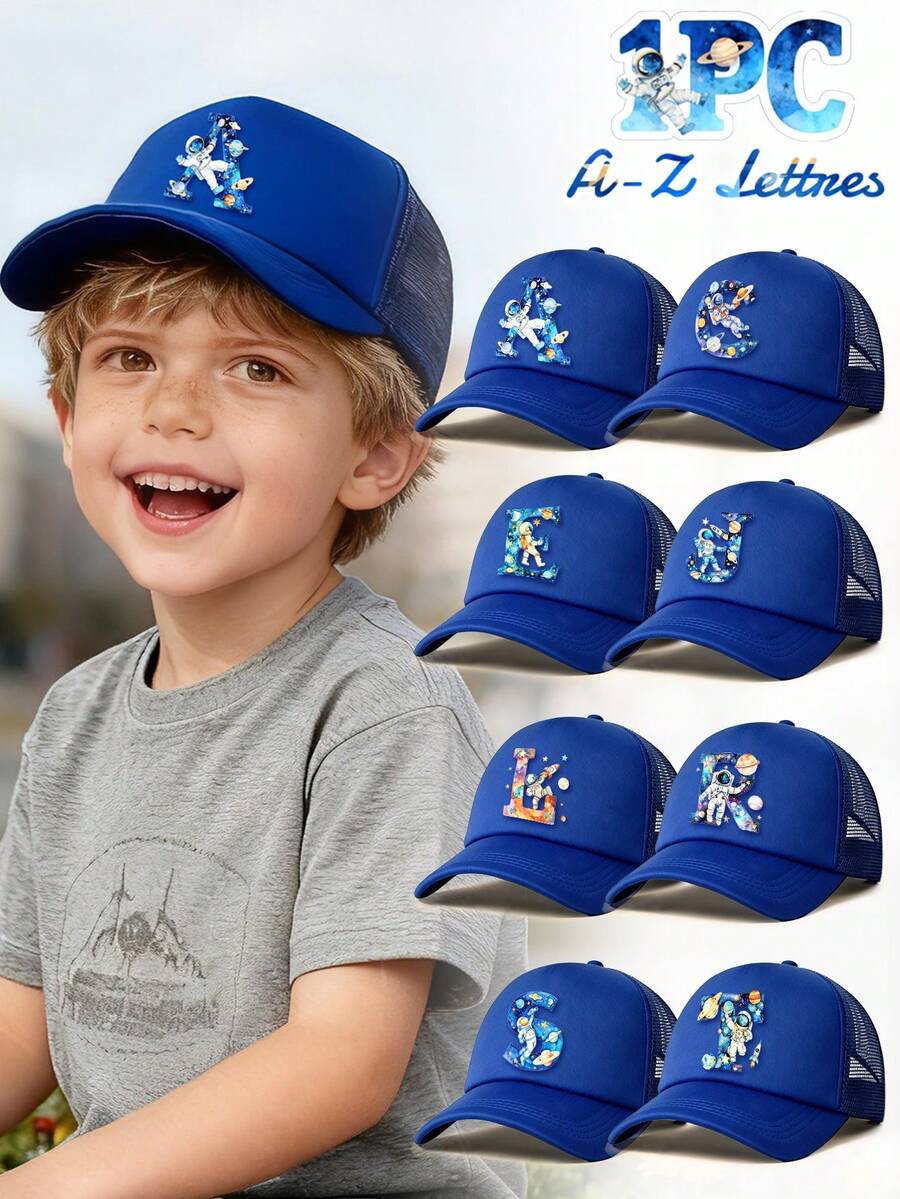 1顶儿童蓝色太空星球宇航员字母图案卡车司机帽，26个字母可定制，时尚可爱科幻风，轻便透气遮阳网眼棒球帽，生日节日实用礼物，适合男孩女孩春夏季户外日常、参观科学博物馆、上下学通勤等场合。 - 藍色 - 查看 1