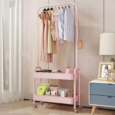 Clothes Rack Metal Clothes Rail Coat Rack For Bedroom Heavy Duty Clothing Rack Garment Rack 2-Tier Storage Shelves With Small Wheels Organiser Clothes 68cm Width - Space-Saving Organizer Pink