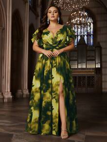 Plus Size Floral Chiffon Formal Party Dress, Deep V-Neck Ruffle Sleeve High Slit Maxi Gown - Green - View 4