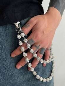 1pc Plain Rhinestone Pearl Dual Chain Punk Style Pants Chain Keychain, Waist Decor Suitable For Gifts, Parties, And Daily Wear - Bạc - Xem 13