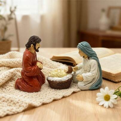 3件套家居宗教家庭耶稣诞生树脂雕像桌面摆件，适合感恩节和圣诞节家庭办公室祈祷室装饰，圣家耶稣诞生雕像，圣诞节桌面雕像装饰礼品，节日餐桌中心摆件