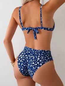 Summer New Women's Sweet Sexy Spaghetti Strap Back Tie Vacation Beach Random Floral Print Two Pieces Split Fashion Elegant Bikini Set Set - Multicolor - View 3