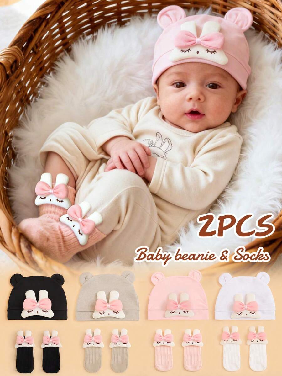 2pcs Baby Soft Knit Bow Tie Rabbit Design Beanie Hat + Socks Set, Breathable And Skin-Friendly For 0-3 Months Infants, Suitable For All Seasons, Multiple Colors Available, Great As Birthday Gift - Multicolor - View 1