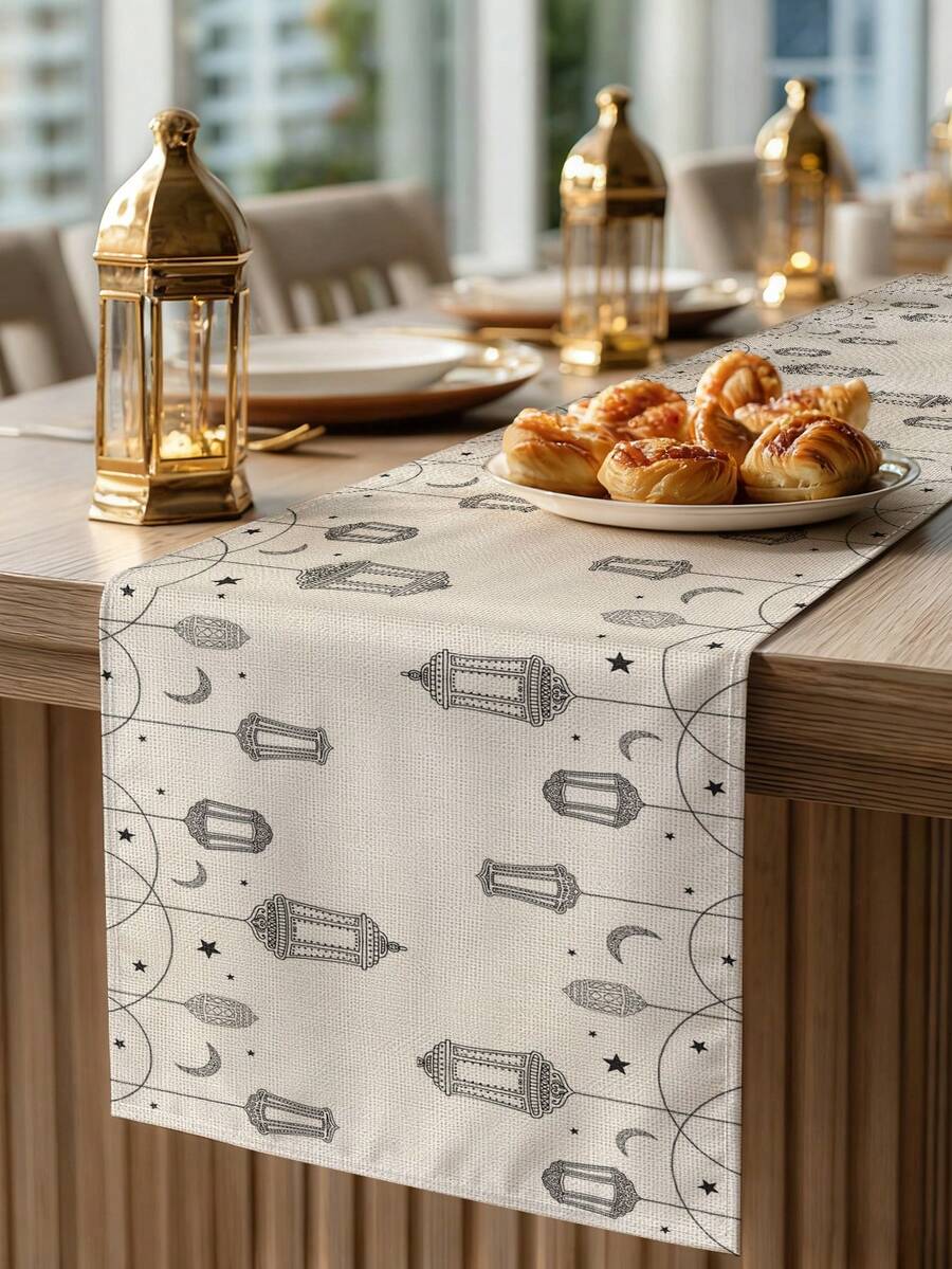 1pc Ramadan Fanoos Pattern Table Runner, Ramadan Home Decor Table Runner, Islamic Home Decor, 1pc Table Runner, 4pcs Placemats, 1pc Cushion Cover, 3 Products Available, Home Decor Indoor/Outdoor Party Supplies, Room Decoration. Suitable For Ramadan Home Kitchen Decor And Ramadan Event Party Decoration - Multicolor - View 1
