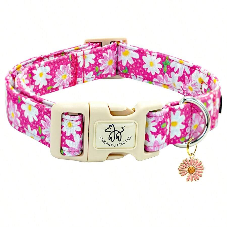 Pink Floral Pattern Adjustable Pet Collar With Quick Release Buckle, Elegant Small Dog Collar - Hot Pink - View 1