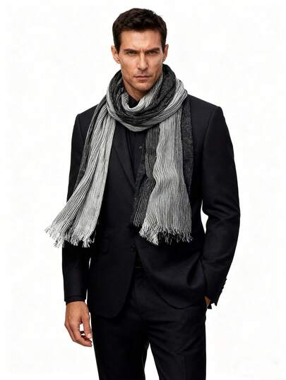 1pc Striped Linen Scarf With Tassel Pleated Artistic Sunscreen Shawl