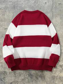 ANDREILEE 条纹极简落肩圆领长袖休闲宽松针织套头衫，男女皆宜，春、秋、冬新款 - 紅色 - 查看 3