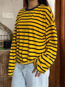 Womens Loose Tunic Tops Long Sleeve Round Neck Stripes Print T-Shirts Spring Fall Blouses - Yellow - View 3