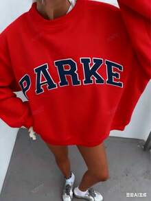 Women's Casual Letter Print Oversized Pullover Sweatshirt, Loose Fit Crew Neck Long Sleeve Hoodie, Fall Outfits For Airport, - 紅色 - 查看 11