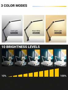 1pc Black/White Long Arm LED Desk Lamp, 3 Lighting Modes, Metal Swing Arm Lamp, 10-Level Dimmable With Memory Function, Suitable For Dorm, Office, Reading (USB Powered) - Tricolor Light - View 5