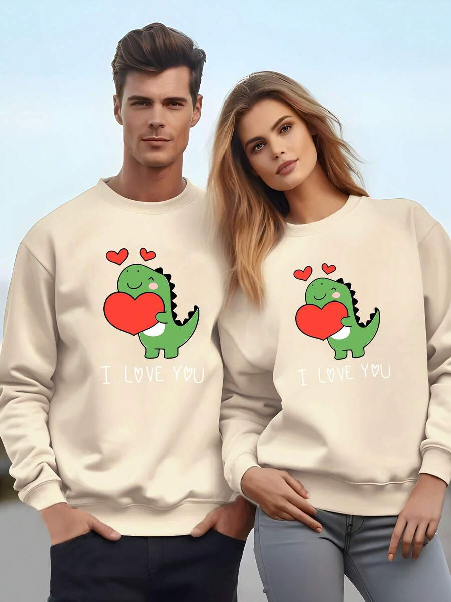 1pc Valentine'S Day Gift, Minimalist Style, Hoodless, Gift Giving, Daily Wear, Hoodie, Pullover, Long Sleeved, Spring/Summer, Printed With Cute Type, Animal, Little Dragon, Loving Heart - Men's Apricot-1pc - View 1