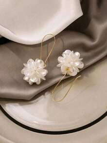 Exaggerated Design Long Floral Ball Earrings With White Petals & Geometric Ear Studs, Women's Daily Wear - White - View 6