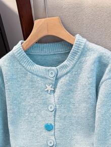 JIANHU Women's Spring Ocean Style Knit Cardigan , Round Neck Gentle Cardigan With Starfish & Shell Buttons, Perfect St. Patrick's Day Party For Casual Fashion - Blue - View 7