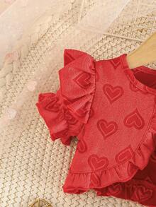 女婴心形图案荷叶边短袖外套和吊带网纱连衣裙优雅红色套装 - 紅色 - 查看 4