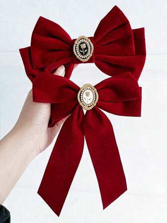 2 件装女童天鹅绒蝴蝶结发夹，复古红色蝴蝶结法式发夹，玫瑰元素发卡，发饰，适合节日派对、礼物及日常使用