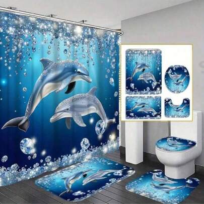 1/4 Piece Ocean World Diamond Dolphin Shower Curtain Decor, Exquisite Housewarming Gift, Modern Home Decor, Waterproof Shower Curtain And Bathroom Mat 3 Piece Set, With 12 Shower Curtain Hooks