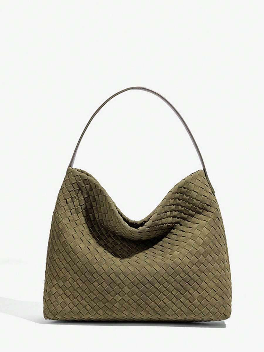 34厘米橄榄绿编织皮革新月形手提包，大容量单肩/腋下包，手工编织纹理复古风格休闲通勤笔记本电脑包，轻便斜挎包，适合购物和办公 - 彩色 - 查看 1