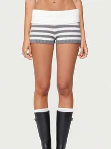 Women's Fold Over Waist Knitted Shorts Y2k Low Waist Striped Print Color Block Slim Fit Hot Pants Party Clubwear Going Out Sweater Shorts Loungewear Bottoms Stretchy Yoga Shorts Summer Casual Active Jogger Sweatshorts - 灰色 - 查看 4