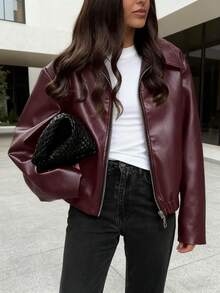 Black Edgy Biker Casual Loose Long Sleeve Leather Jacket For Women, Autumn/Winter Fall Cloth For Women  Women'S Motorcycle Style Faux Leather Jacket - Loose Fit, Zip-Up With Button Details, Beige Casual Streetwear Coat For Winter & Fall, Motorcycle Riding Gear  Jacket  Jackets For Women  Cardigan  Define Jacket  Sports Jacket  Ski Clothes Women  Zip Up Jackets  Fitted Jacket  Winter Coat For Women  Abrigos De Invierno Para Mujer  Buscar  Christmas Outfit Women  Winter Clothes For Women  Vestido De Mujer  Conjuntos Elegantes De Mujer  Conjuntos Elegantes  Winter Clothes For Women  Christmas Outfit Women  New Years Outfit Women  Vacation Outfits Women  Ropa De Invierno Mujer  Dresses For Women Elegant  Christmas Outfit - 酒紅色 - 查看 2
