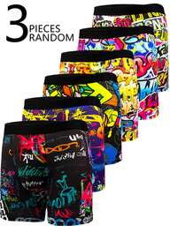 3pcs/Set Men's Fashion Pattern Long Boxer Briefs, Graffiti Style Breathable Comfortable High Elastic Long Boxer Swim Trunks, Sports Shorts, Novelty Men's Underwear, Cycling Shorts