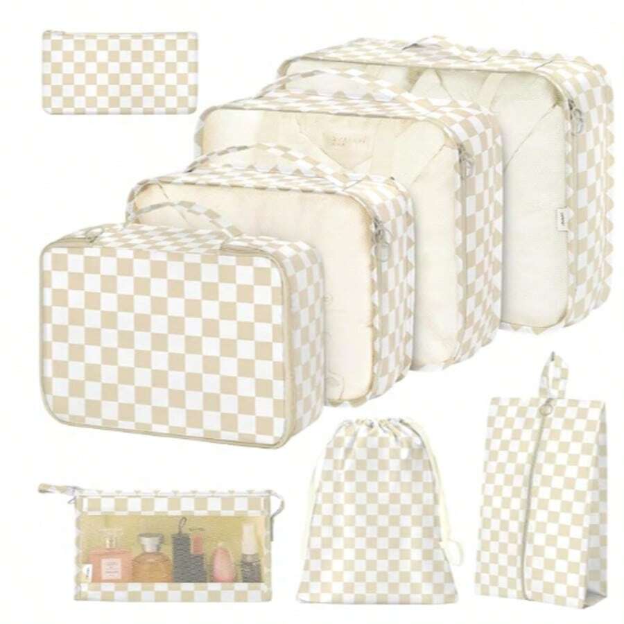 8件套便携式旅行收纳袋套装 - 轻松整理您的衣物、鞋子和内衣 - 完美适用于行李箱和旅行包打包。8件套标语图案旅行收纳袋，便携式设计，包含鞋袋、洗漱包和洗衣袋，可用于学校用品、房间装饰、卧室装饰、宿舍，是学生和教师的理想之选。