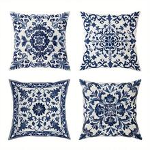4Pcs Bohemian Blue & White Floral Pattern Throw Pillow Covers - 17.7x17.7 Inches, 2D Digital Single-Side Printing Cushion Cases, Zipper Closure & Machine Washable, Decorative For Living Room, Bedroom & Sofa (No Pillow Inserts Included) - Multicolor - View 2