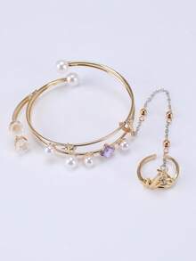 1件双层仿珍珠海星女士手镯，时尚个性化星空百合花手链戒指套装 - 金色 - 查看 4