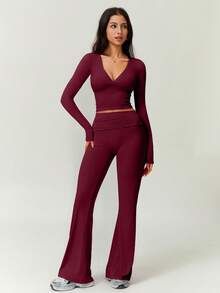 NcmRyu 1 Set Women Seamless Comfortable Fitness Exercise Running Outdoor Christmas Long Sleeve Top And Pants Sports Suit - Burgundy - View 6