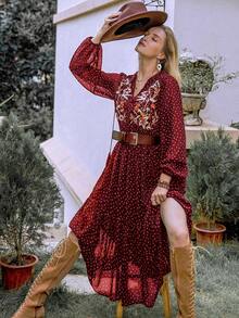 Rusttydustty 波西米亚风黑色雪纺波点刺绣V领系带优雅女士长裙，适合海滩度假、音乐节等春季穿着 - 酒紅色 - 查看 3