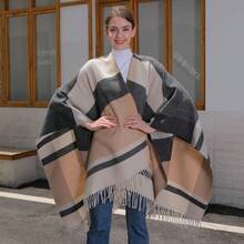 New Tassel Split Shawl Autumn Winter Women's Simple Plaid Jacquard Scarf Cape - 古典條紋格子黑紅 - 查看 3