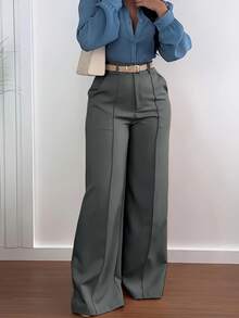 Jisfaneya 纯色加大码无腰带纽扣拉链口袋西装面料深灰色阔腿裤优雅通勤办公日常百搭春夏阔腿裤 - 深灰色 - 查看 3