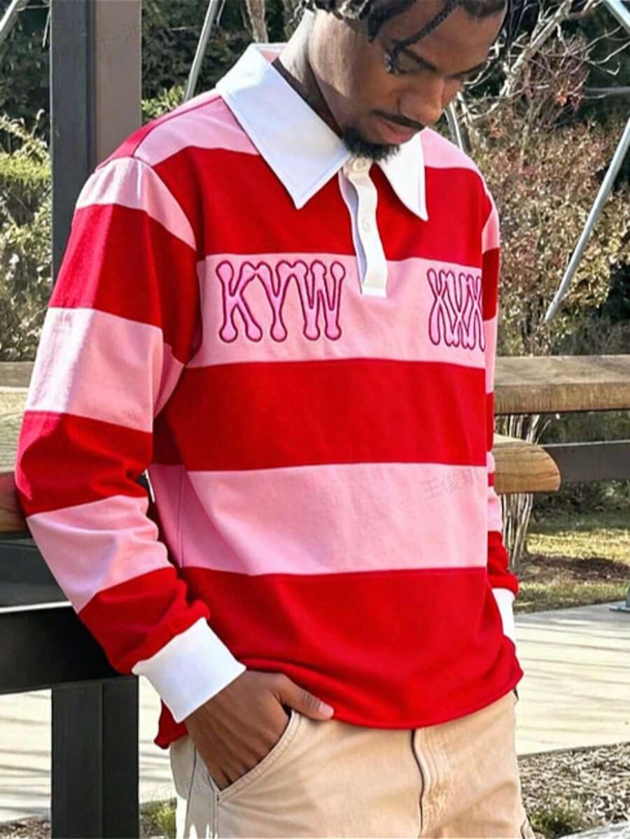 Vintage College Style Contrasting Men's Striped Polo Shirt Lapel Single-Breasted Chest Three-Dimensional Letter Embroidered Loose Top - Bột XHytlpueF - Xem 1