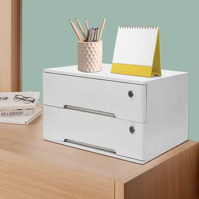 WOBENFOG Wooden Desk Organizer With Drawers & Lock, Desktop Countertop Storage Cabinet Lockable Home Office Supplies File Organizing Unit Tabletop Categorized Storage (2 Drawer - Modern White)