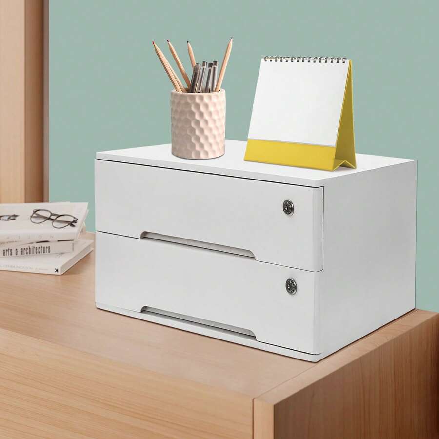 WOBENFOG Wooden Desk Organizer With Drawers & Lock, Desktop Countertop Storage Cabinet Lockable Home Office Supplies File Organizing Unit Tabletop Categorized Storage (2 Drawer - Modern White) - White - View 1