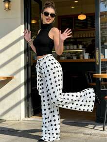 Flowy Belted Palazzo Pants For Women,Black And White Polka Dot Print, High Waisted Loose Fit Trousers For Resort, Travel, Or Day-To-Night Fashion - 白色 - 查看 4