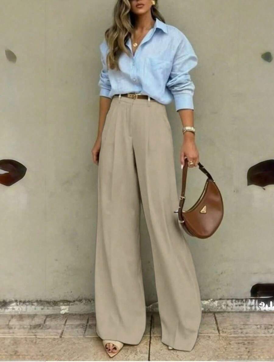 Straight-Leg, Wide-Legged Suit Trousers. Floor-Length. - 杏色 - 查看 1