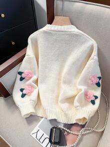 JIANHU Áo khoác cardigan dệt hoa 3D - Áo khoác hở trước mềm mại cho mùa xuân và mùa thu dành cho nữ | Áo choàng Boho rộng rãi với họa tiết thêu ba chiều - trắng - Xem 4