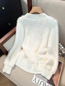 Stylish Furry Cardigan,Long Sleeve Tops - White - View 5